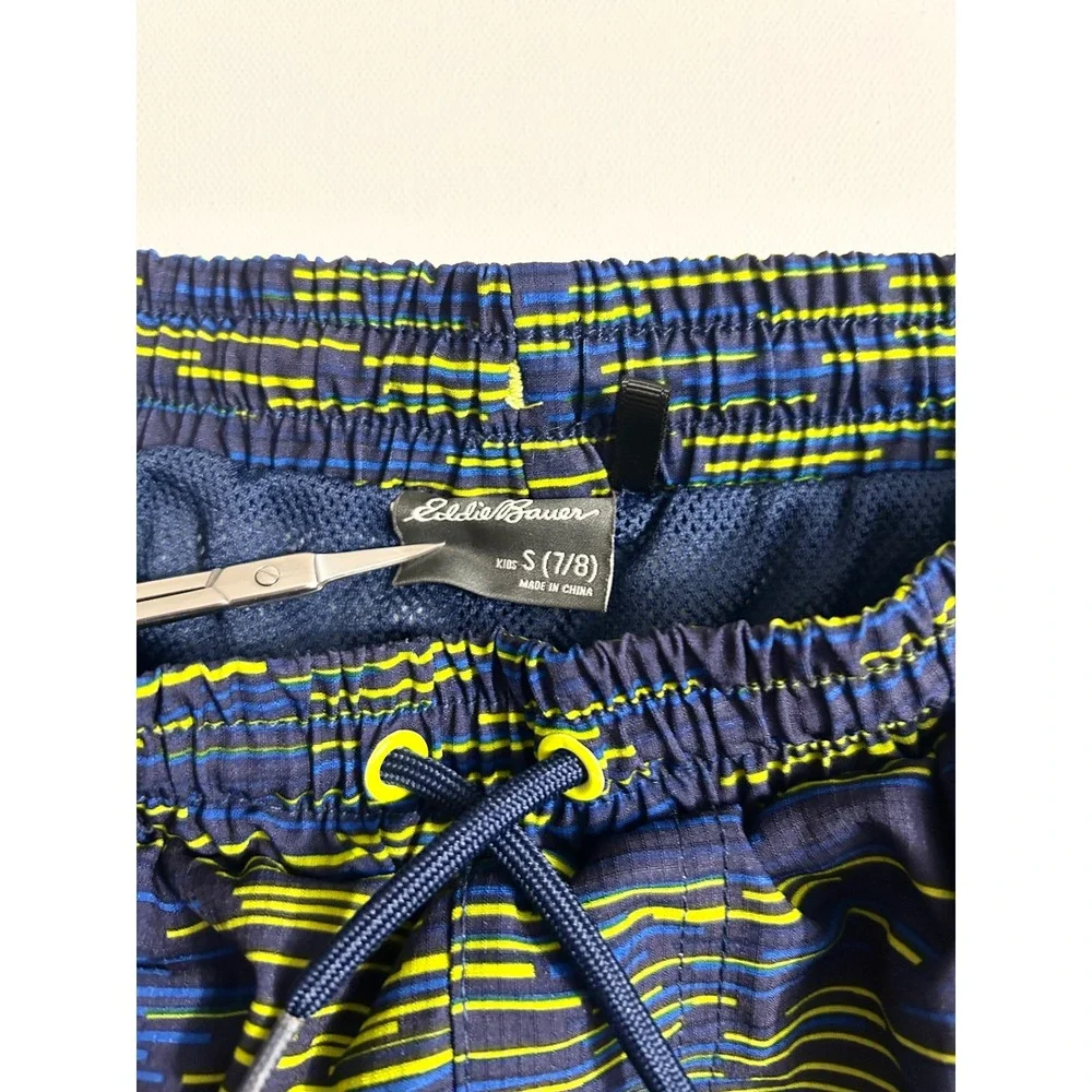Eddie Bauer Kids Swim Trunks Navy Blue Green Streak Pattern Size S 7/8